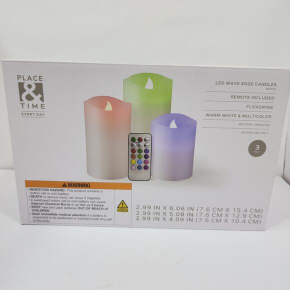 LED Wave Edge 3 Candles White Remote Included Flickering White & Multicolor New - Picture 2 of 4